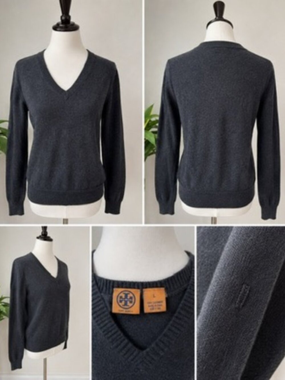 Tory Burch 100% Cashmere V-Neck Sweater Women’s L Gray Pullover